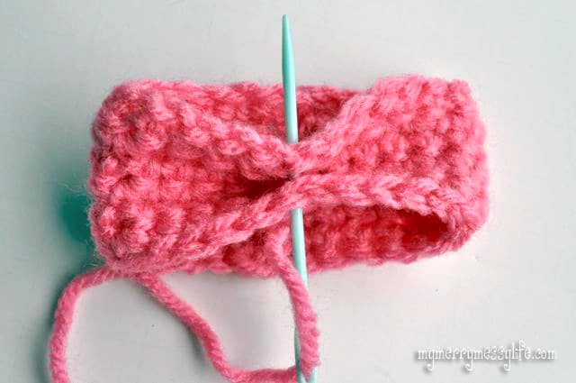 Crochet Bow Tutorial - Pinch the front pieces together and then sew together