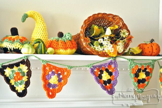 Free Crochet Fall Mantel Patterns with an Owl, Bunting & Pumpkins
