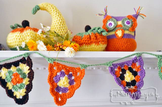 Crochet Fall Mantel with Owl, Pumpkins, Bunting and Squash
