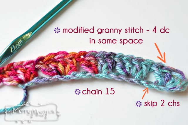 My Merry Messy Life: Crochet Granny Stitch Infinity Scarf and Cowl Free Pattern - Chain 15 and work 5 Granny Stitches