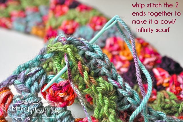 My Merry Messy Life: Crochet Granny Stitch Infinity Scarf and Cowl Free Pattern - Whip Stitch the Ends Together