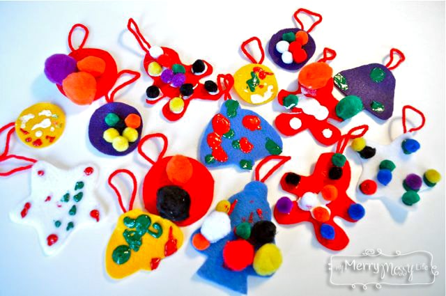 DIY Christmas Crafts with Kids - Felt Ornaments with Puffy Paint and Pom-Poms