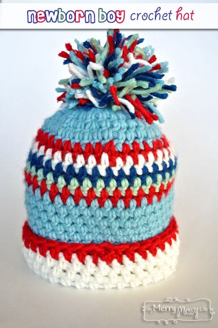Newborn Boy Crochet Hat with Cuff and Pom-Pom - Free Pattern!