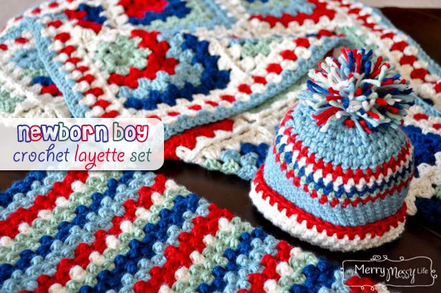 Newborn Baby Boy Layette Set with free patterns for a hat, cocoon and blanket