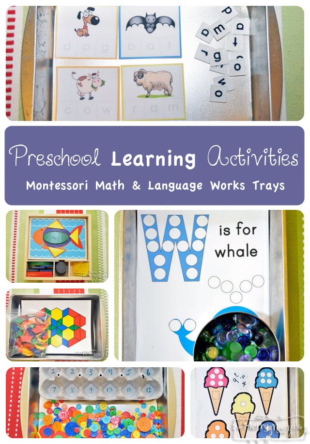 Preschool Learning Activities - Montessori Math and Language Works and Trays
