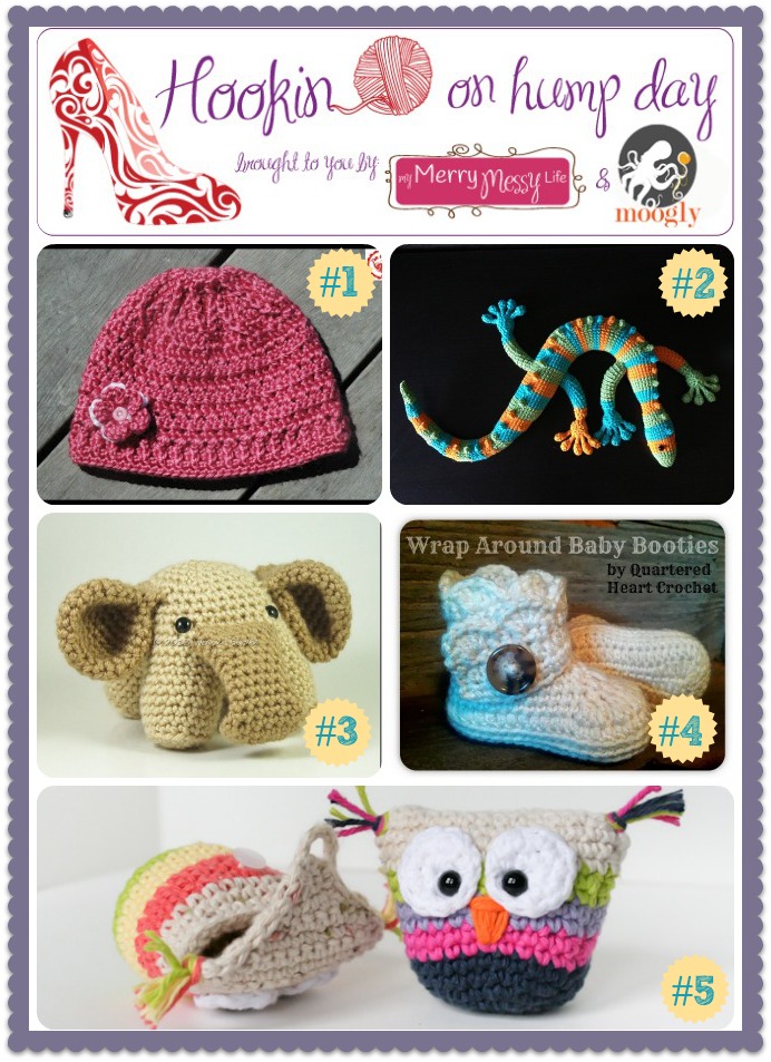 Hookin On Hump Day Features - Crochet Gecko, Flower Beanie, Elephant, Owl Pouch and Baby Booties!