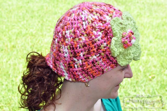 Free Crochet Pattern for a Cherry Lime Beanie using Double Crochet and the Woven Stitch