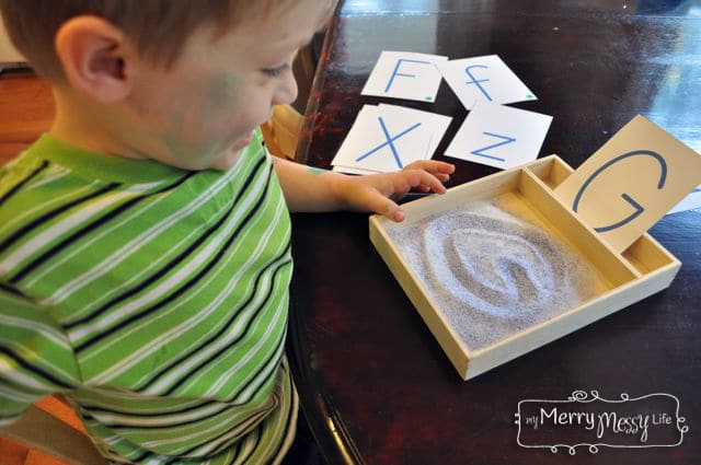 DIY Montessori Sand Writing Tray with Free Printable for the Letter Cards