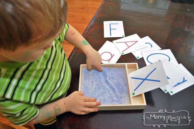 DIY Montessori Sand Writing Tray with Free Printable Letter Cards