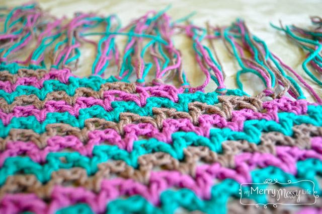 Detailed view of the lacy v-stitch pattern for a crochet shawlette, shrug and wrap