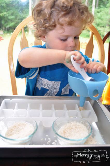 Kitchen Montessori Trays - Rice Transfer Fun with Toddlers and Preschoolers