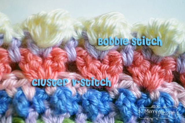 Free Crochet Baby Girl Pattern - Closeup of the Cluster-V Stitch and Bobble Stitches