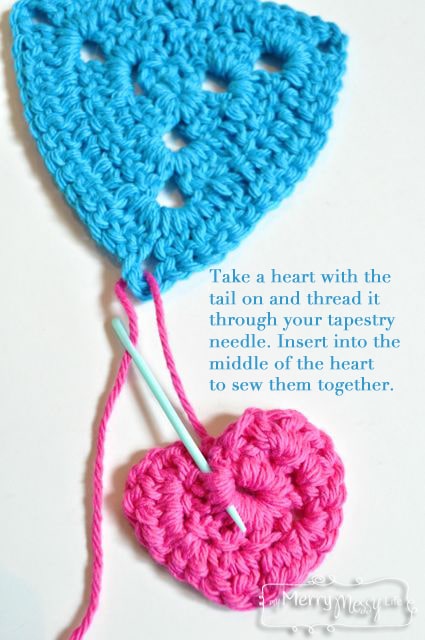 Crochet Valentine's Bunting - how to attach the hearts to the triangles