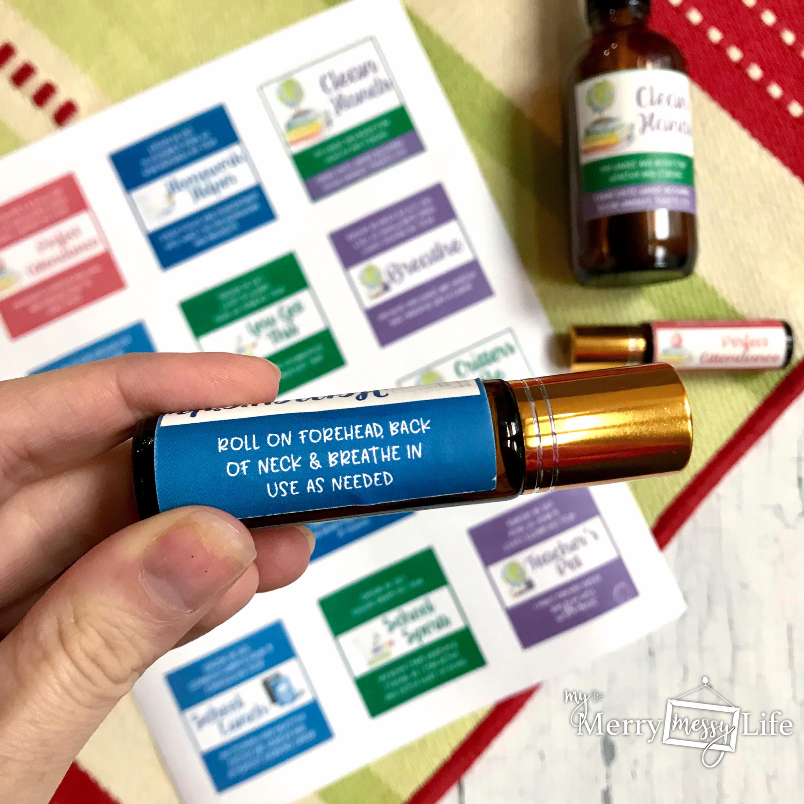 Essential oil roller bottle printable labels with usage instructions for kids going back to school
