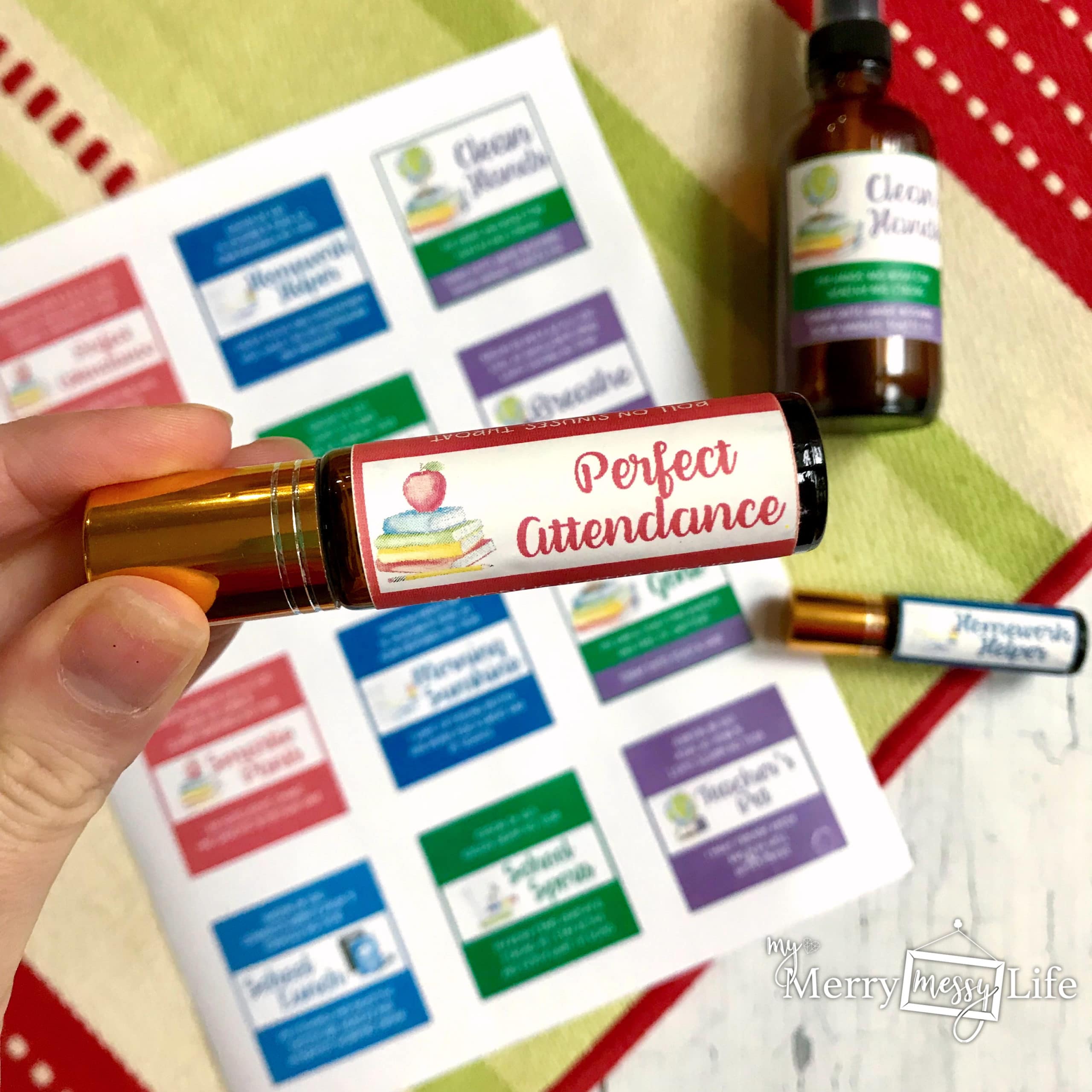 Perfect Attendance essential oil roller bottle recipe and label using Young Living essential oils