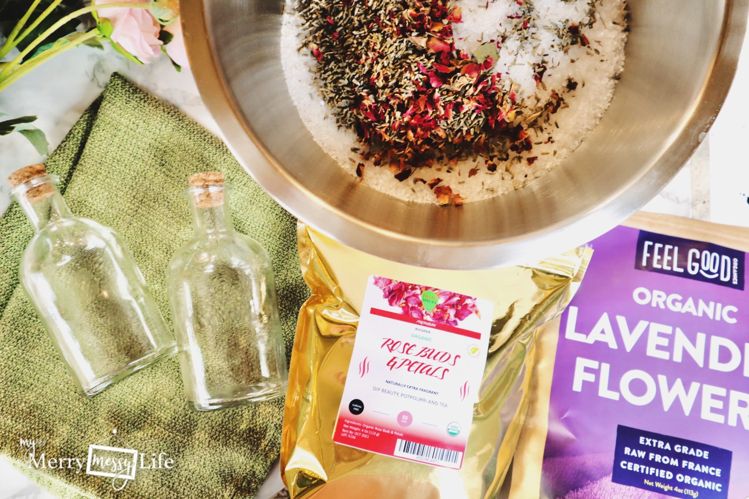homemade bath salts with flower petals picture of the ingredients