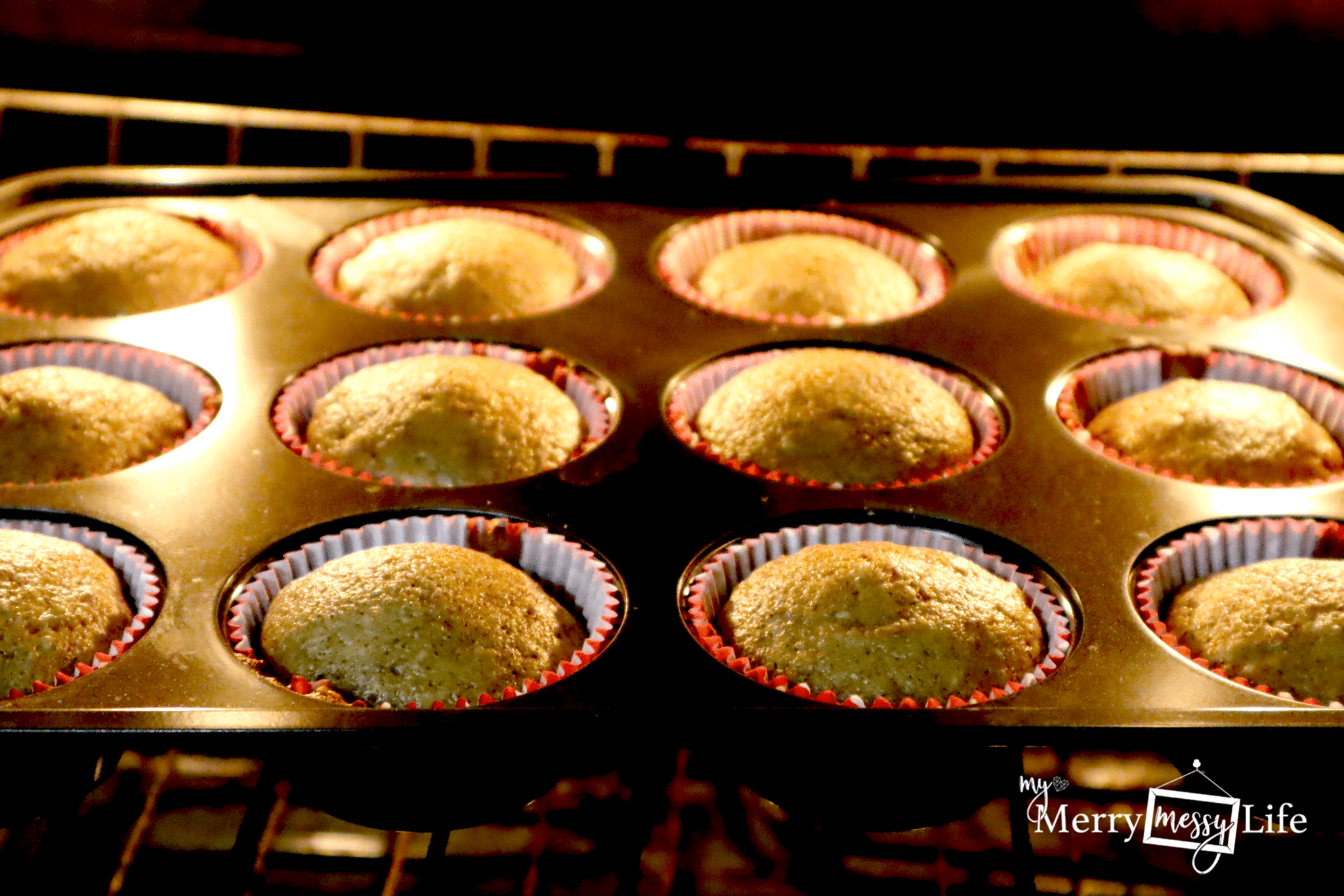 Hearty Banana Flax Muffins Recipe baking in the oven