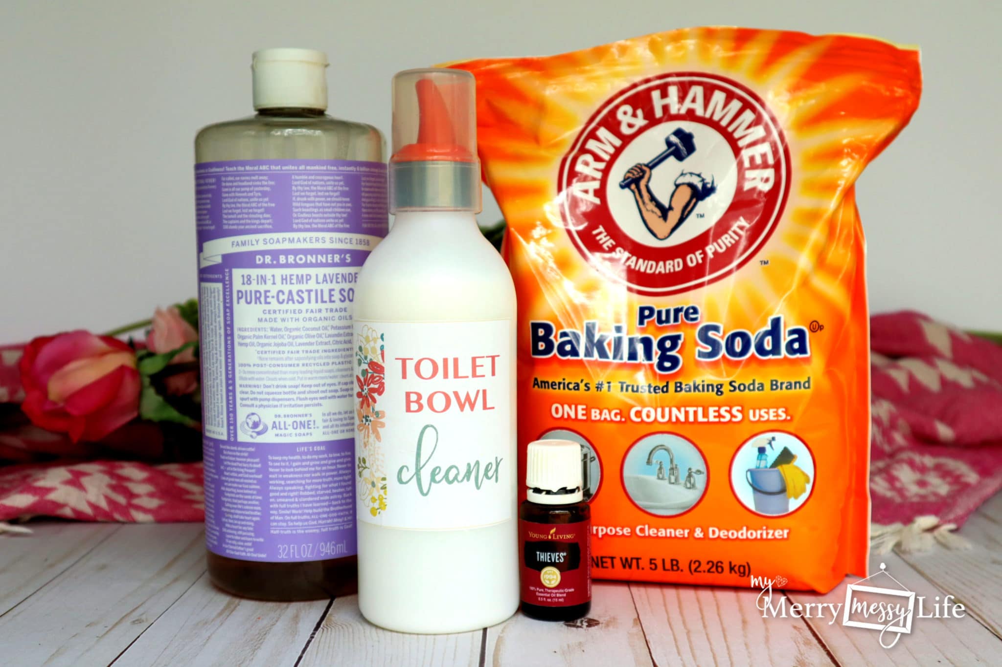 DIY Natural Toilet Bowl Cleaner Recipe Ingredients - Baking Soda, Castile Soap, water and Essential Oils
