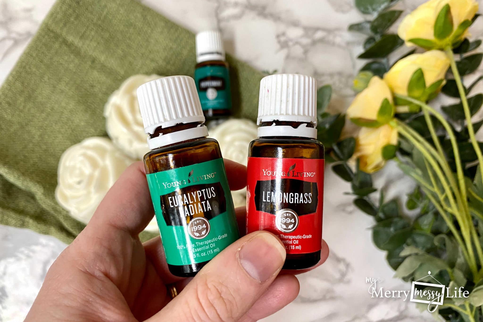 Lemon and Eucalyptus Essential Oils from Young Living Essential Oils to use in Castile Soap Bars recipe
