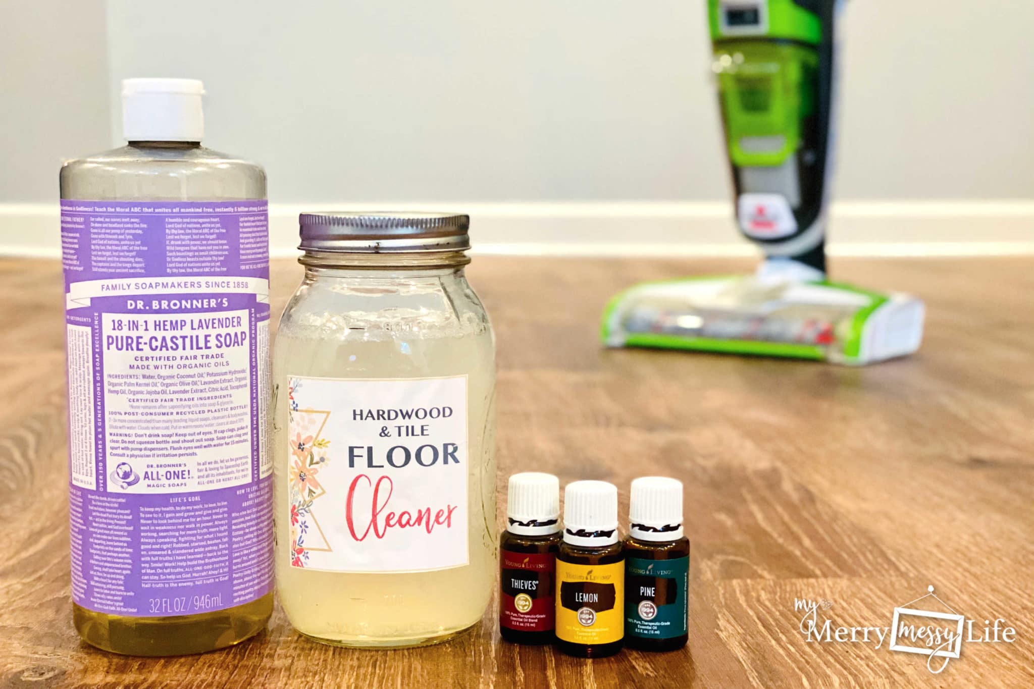DIY Natural Hardwood and Tile Floor Cleaner using water, Castile Soap and essential oils plus two other recipes!