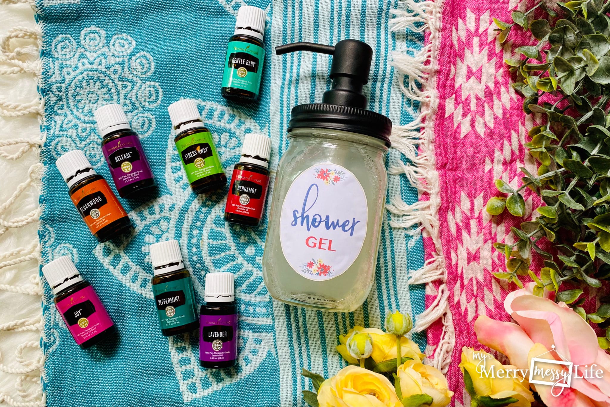 DIY Natural Shower Gel Recipe - essential oil options like Gentle Baby, Cedarwood, Release, Joy, Bergamot, Lavender, Peppermint, and Stress Away