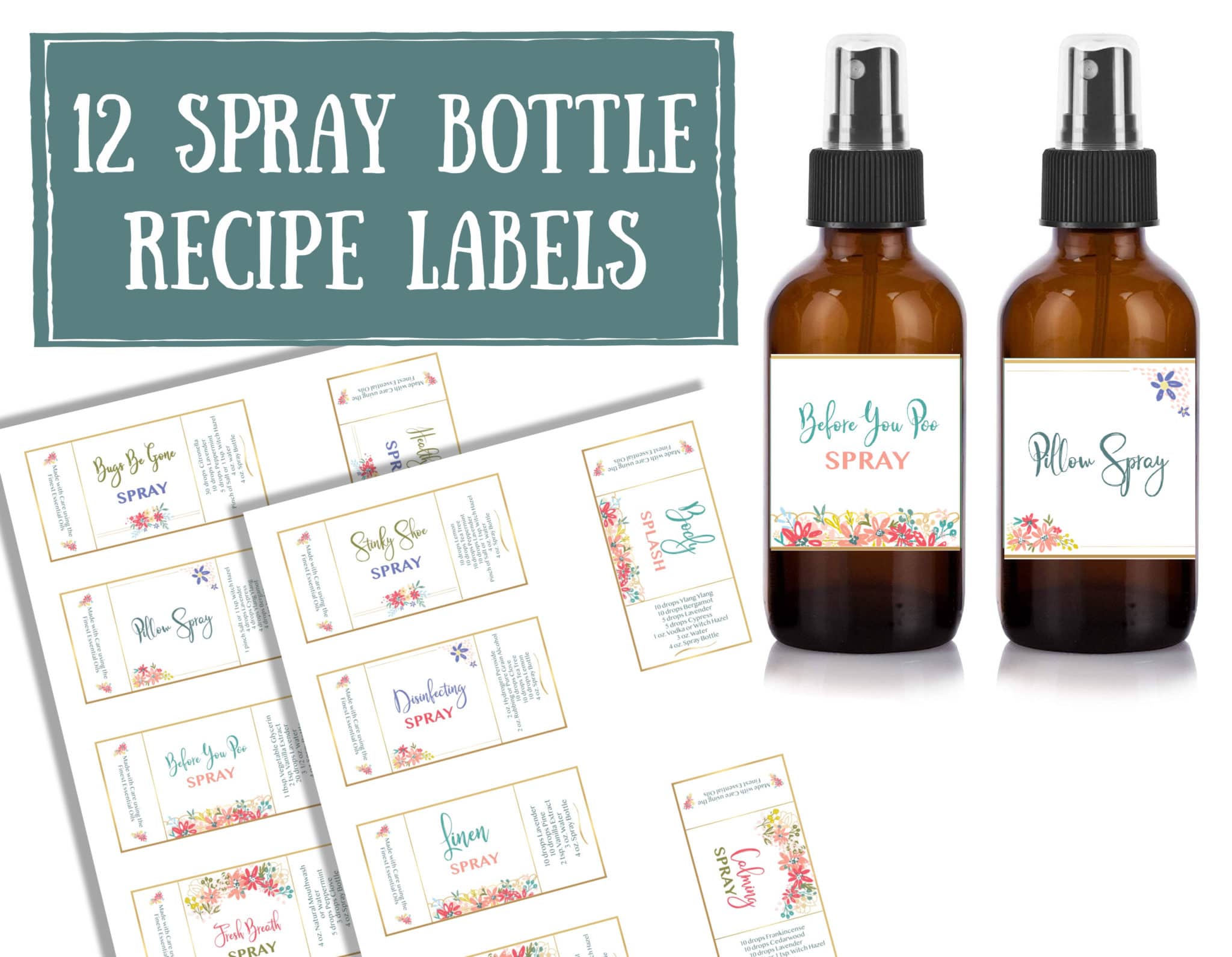 12 Essential Oil Spray Bottle Printable Recipe Labels - buy on Etsy