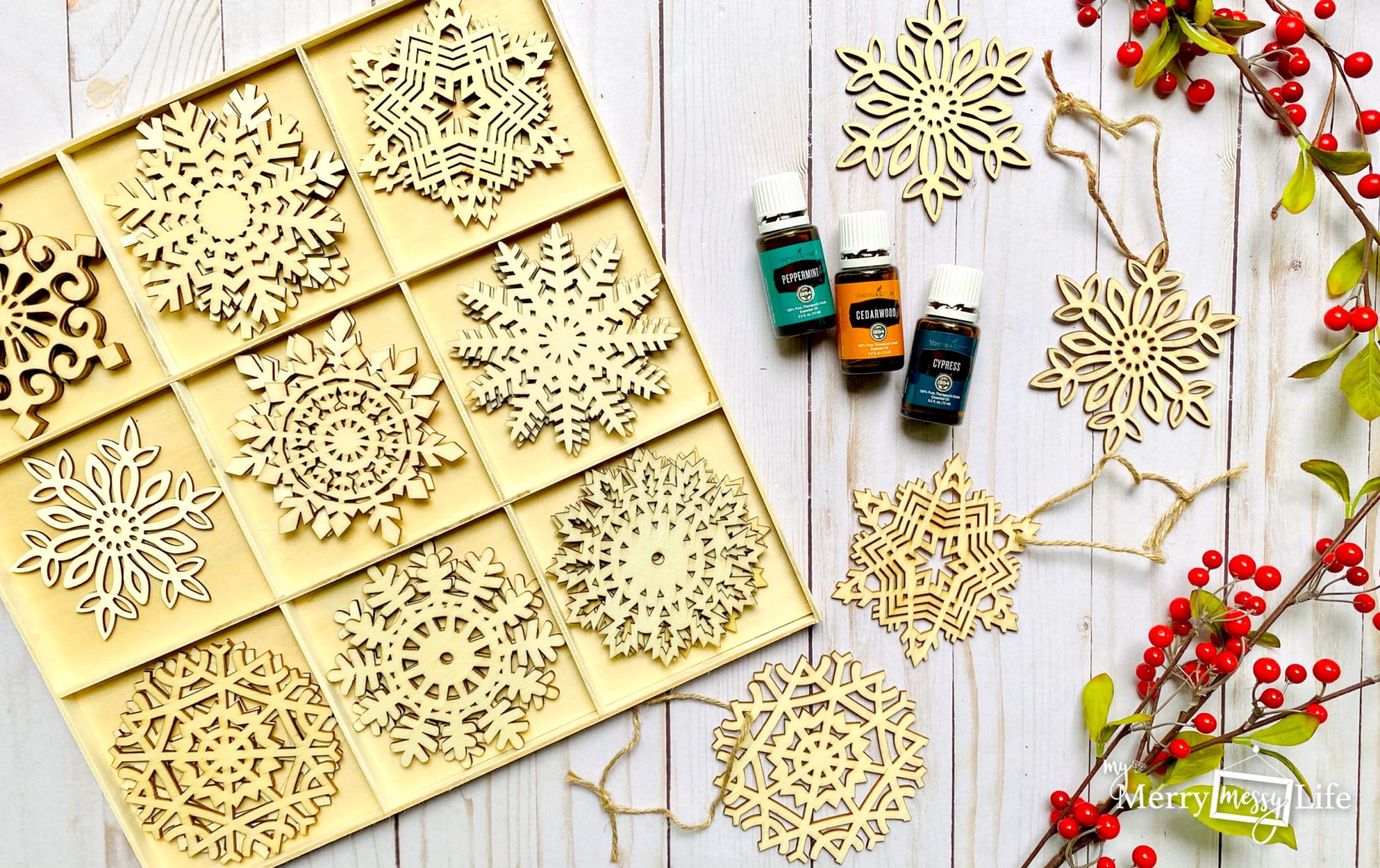 DIY Essential Oil Diffuser Ornaments - Wooden Snowflakes with Cypress, Cedarwood and Peppermint