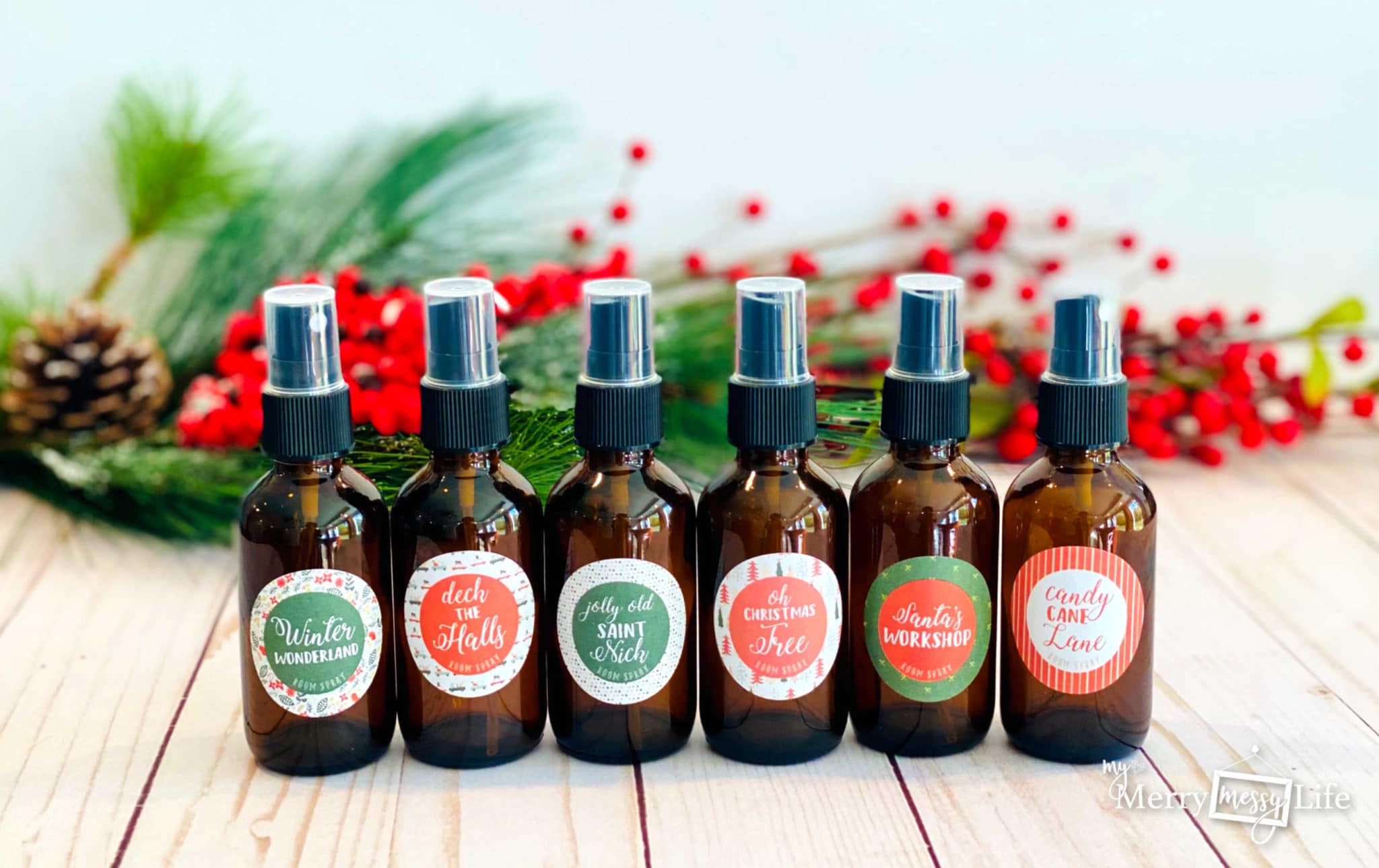 6 Holiday Room Spray Recipes using Essential Oils like Cinnamon, Nutmeg, Clove, Peppermint, Pine, Cypress, Cedarwood, Stress Away and more!