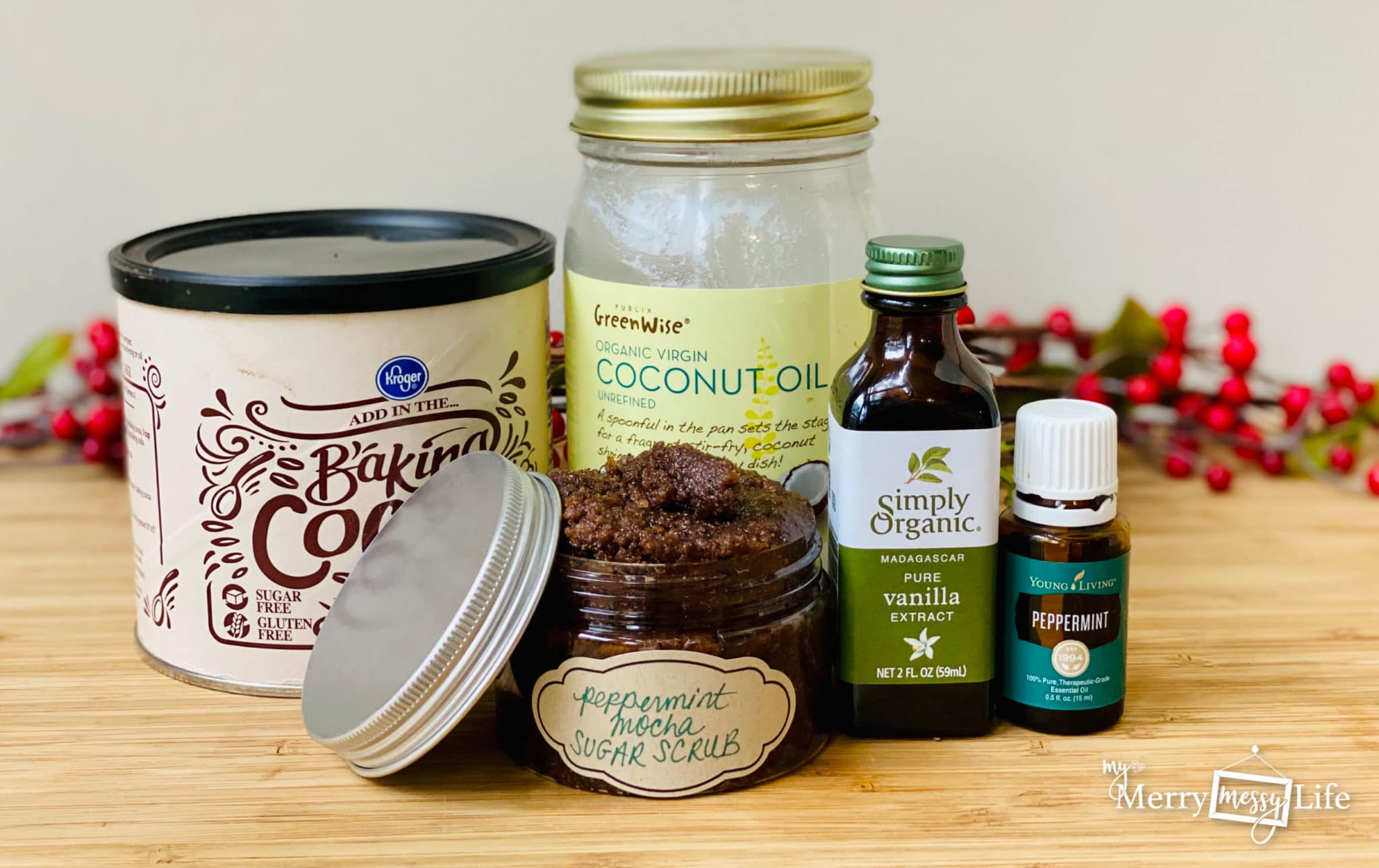 Natural Peppermint Mocha Sugar Scrub Recipe using coconut oil, cocoa, coffee, peppermint essential oil, vanilla extract and sugar