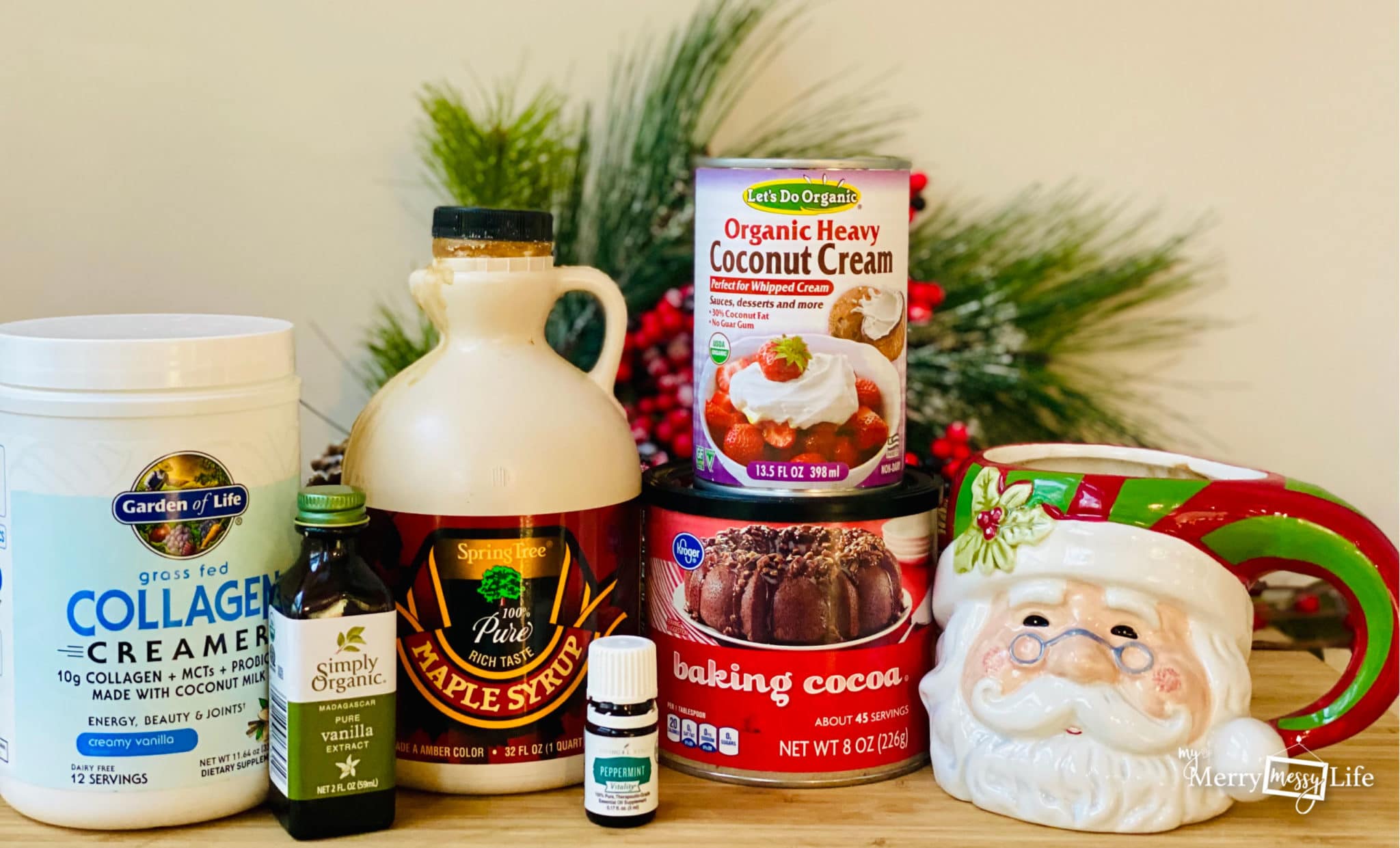 Healthy Peppermint Mocha Creamer Recipe Ingredients - Collagen, Vanilla Extract, Maple Syrup, Milk, Cocoa, Peppermint extract or essential oil