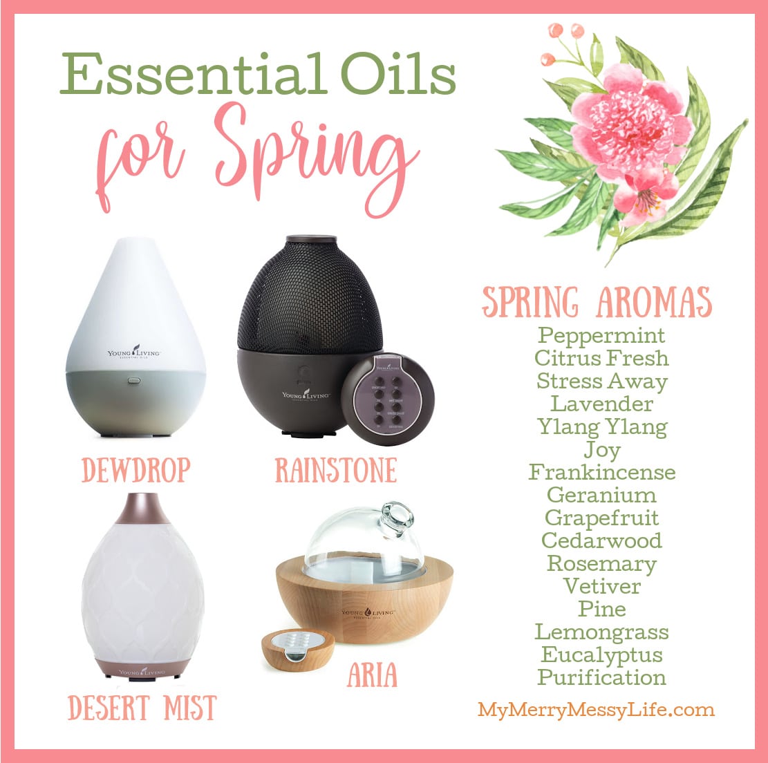 Top Essential Oil Aromas for Spring - Peppermint, Lavender, Ylang Ylang, Frankincense, Grapefruit, Geranium, Vetiver, Pine, Stress Away and more!